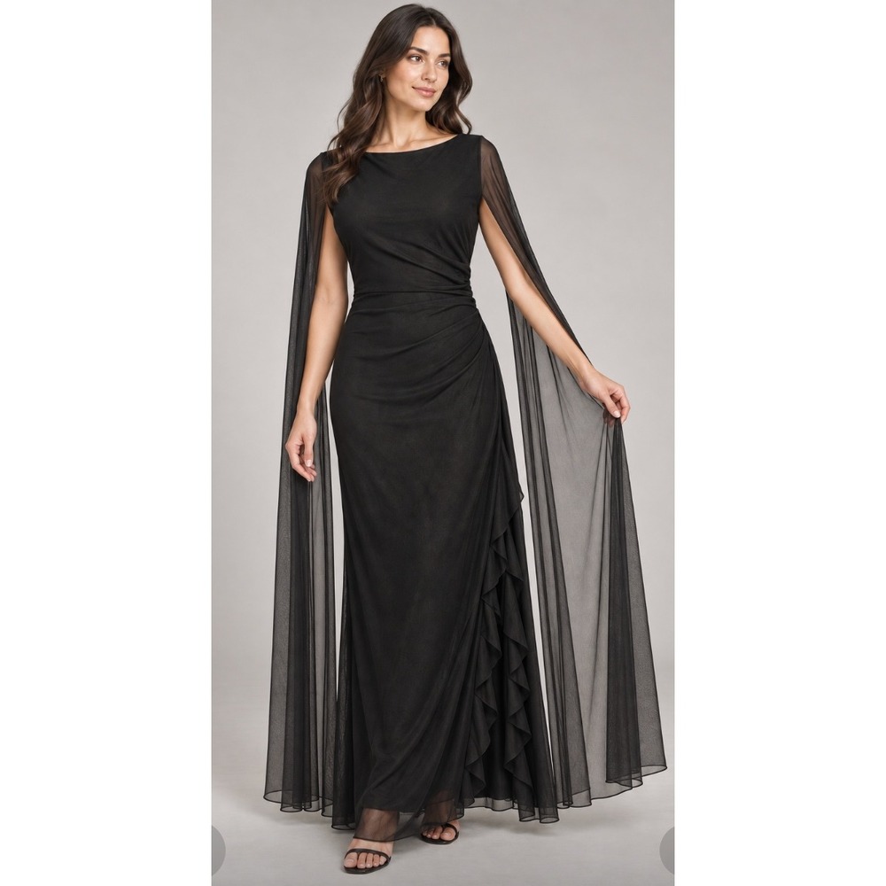 Black Cape Sleeve Ruched Ruffle Slit Maxi Dress Size M Formal Romantic Goth Gown